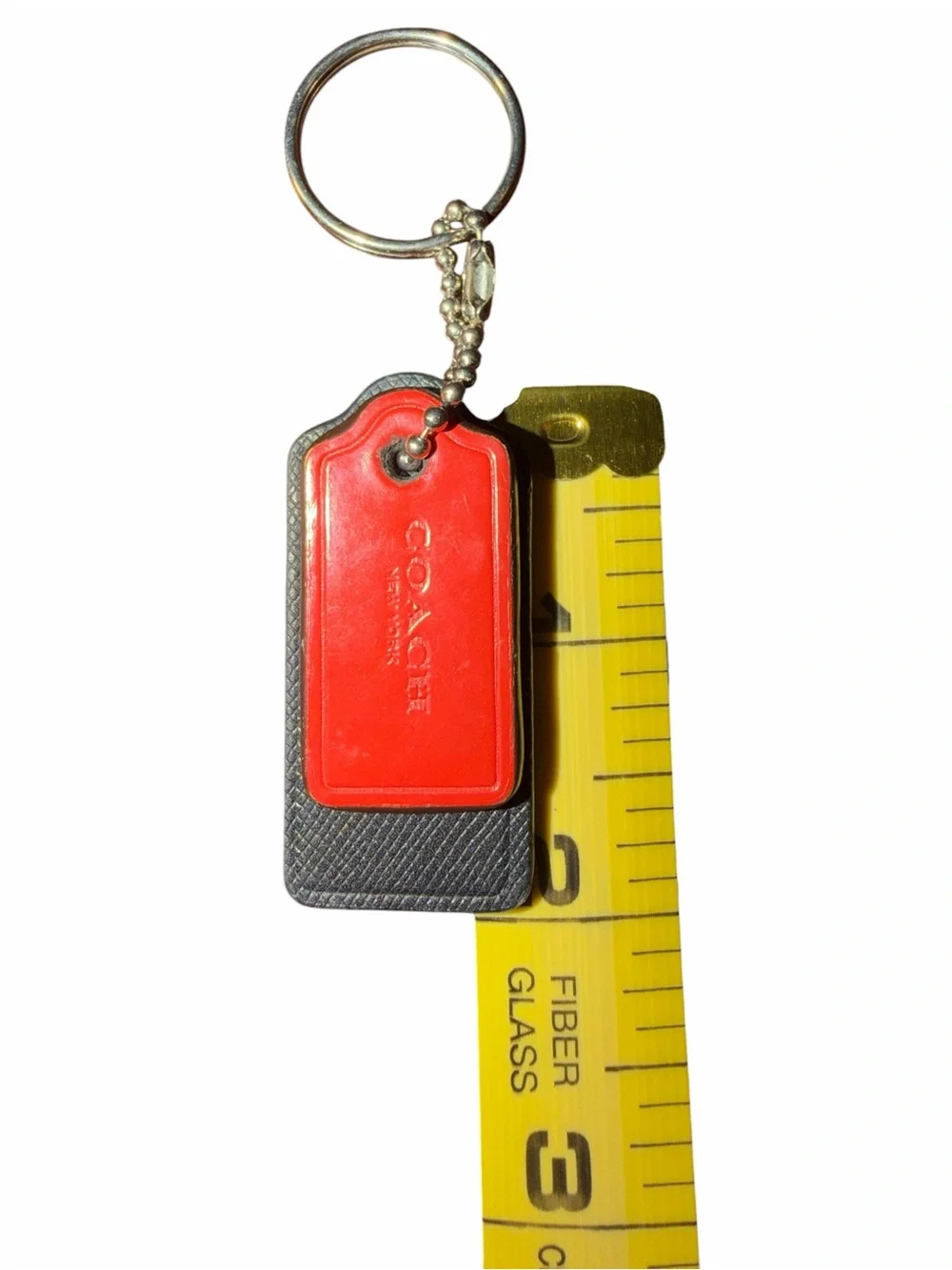 Coach Dual Leather Hangtag Keychain- Red patent and Black crossgrain.